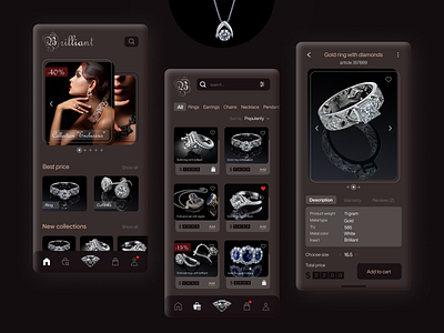 Jewelry Shop App | Dark theme | UI UX Designer app brilliant chains collection dark app dark theme dark theme ui design designer diamond earrings jewerly luxury necklace pendant rings shop ui ui ux ux