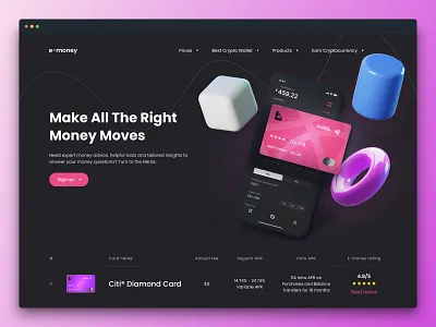 e-money Concept | Hero Header app call to action card credit card dark mode dark theme glass glassmorphism hero header landing page money pay payment ui uidesign ux ux design wallet web website
