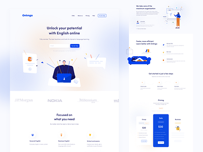 Onlingo landing page about benefit glass glassmorphism hero illustration landing landing page learning offer pricing pricing page product design service sign up steps ui ux video website