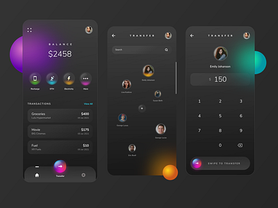 Digital Wallet Application Prototype app black ui colourful dark theme dark ui design digital minimal money transfer ui ux wallet wallet app wallet ui
