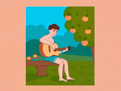 a boy with apples art boy call me by your name flat guitar illustraion summer vector