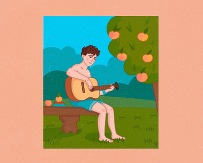 a boy with apples art boy call me by your name flat guitar illustraion summer vector