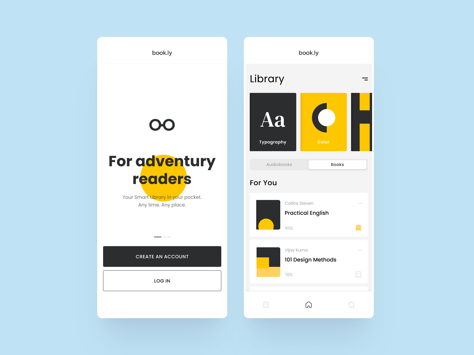 Book.ly - Mobile App app audiobook books color design mobile mobile app mobile design reading reading app ui