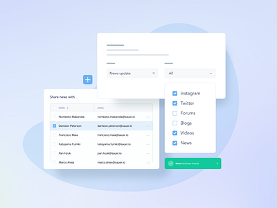 Share news app card clean filter form form field interface minimal modal modal window product table tick ui