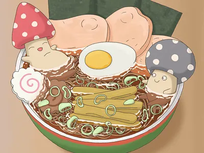 Ramen with mushrooms amusing anime art book breakfast cartoon character chibi dinner drawing fly agaric fly agarics food illustration mushroom plate postcard ramen recreation soup