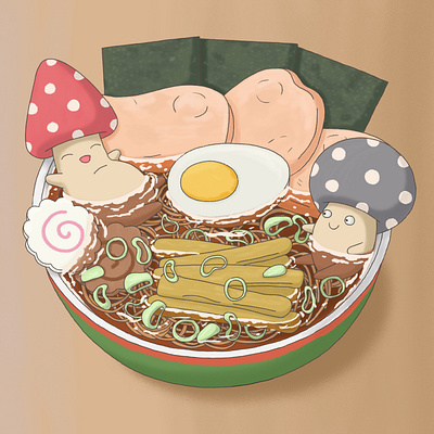 Ramen with mushrooms amusing anime art book breakfast cartoon character chibi dinner drawing fly agaric fly agarics food illustration mushroom plate postcard ramen recreation soup