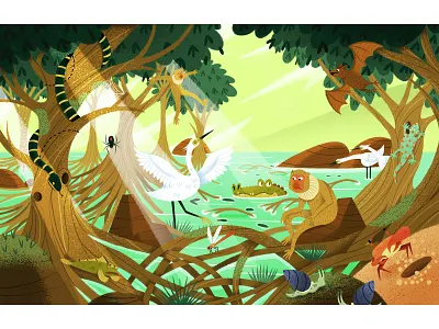 Monkey Business in the Mangroves 🐒 adobe bat birds brushwork crab crocodile digitalart drawing educational environmental illustration mangroves monkey muti nature photoshop texture textures