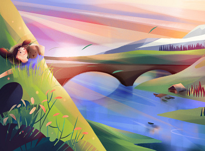 Golden Hour character digital dog folioart gradient illustration jia yi liu landscape nature