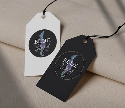 blue island logo and label design blue blue and white branding design label logo mauritius seahorse vintage