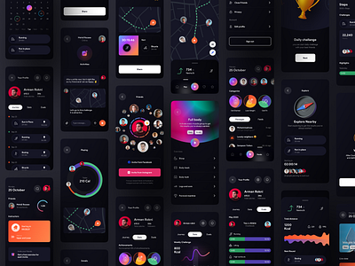 🔥 Daility 2 UI Kit | 280+ Artboards (Sketch, Figma, Adobe XD) 3d activity tracker app chart clean colors dark design gradient graph health ios minimal mobile mobile app social ui ui kit widget workout