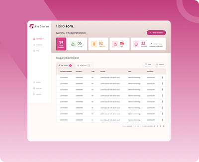 Dashboard Eye cont'act beige board brown card color color palette dashboard eye feather filter incident list marron pink search tableau de bord ui ux uxui webdesig