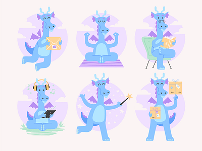 Meditate Dragon - Illustration Set adobe illustrator cartoon character character design cute design dragon flat fun illustration mascot meditate meditation mindfulness minimal purple simple ui ux vector