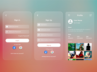 Glassmorphism UI Mockup design glamour glassmorphism glassware glassy login screen mobile mobile app mobile app design mobile design mobile ui mockup profile screen signup ui ui ux ui design uidesign uiux ux