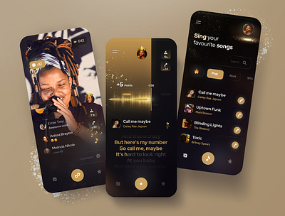 Karaoke app concept dark mode golden karaoke minimal mobile party uidesign