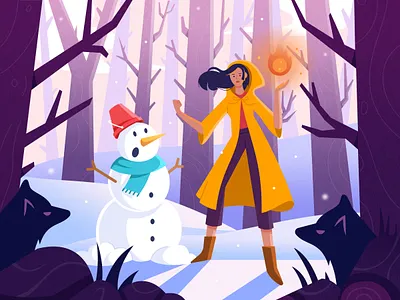 Winter Forest illustration art cartoon dark dashboard fire forest hot illustraion ios landing mobile profile purple shadow snow snowman tree ui wolf yellow