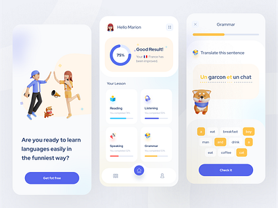 🥸 Language Learn Apps exploration application apps design checking clean design france grammar language learn apps learning platform listening product design quiz reading sentence speaking translate ui ux vektora