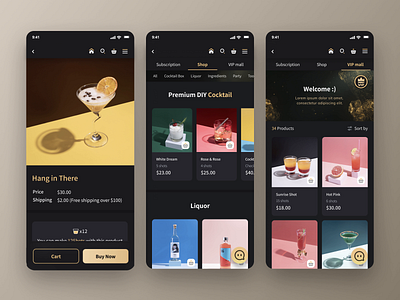 Cocktail ecommerce mobile app design add to cart after effects beverage buy now cocktails dark mobile diy ecommerce login mobile header mobile interective design mobile layout navigation recipe search sign up sort by subscribe vip mall