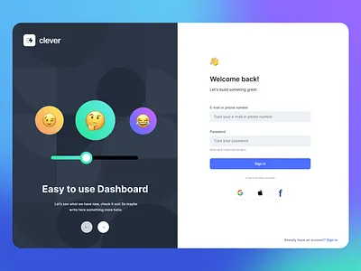 Login Screen from Clever UI Kit (Figma) accounts authentication creative dashboard dashboard ui emoji figma form design interface login profile register security sign in sign up template theme ui web app
