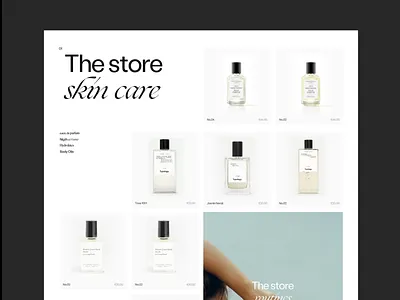 The store Skin care Issue 81 animation category page cosmetics e commerce ecommerce layout list minimal minimaldesign perfumes products products page shopify store typogaphy ui ux web webdesign