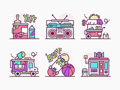 Street Icons (90's Inspired) basketball boom box ice cream truck icons music paint retro icons skateboard spray street taco stand vending machine