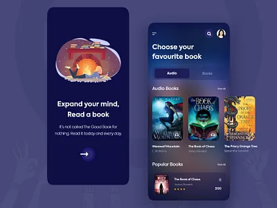 E-Book store application android app author book cart dark ui design ios login mobile mobile app design online book store online shop online store read reading search ui ui trend ux
