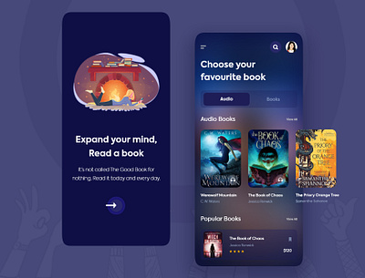 E-Book store application android app author book cart dark ui design ios login mobile mobile app design online book store online shop online store read reading search ui ui trend ux