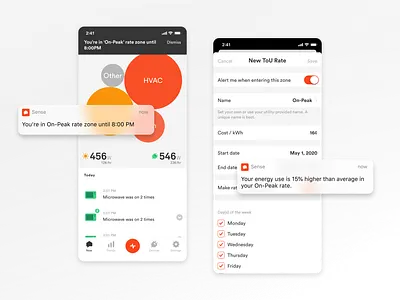 Time of Use Rates alerts app billing electricity energy energy bill mobile push notifications rate plans sense smart home time of use