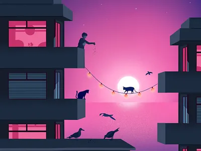 The evening after christmas bird building cat design illustration night ocean pink sky vector water