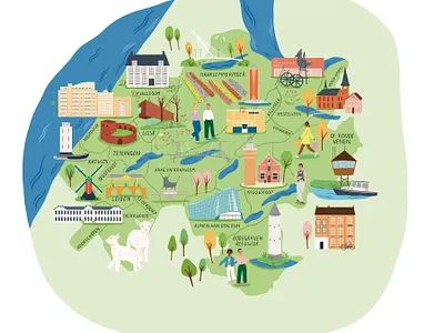 Regional landmarks advertising amelia flower buildings digital folioart illustration map people