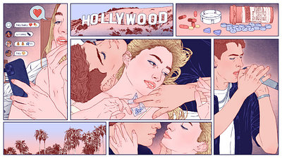 Perc Love digital editorial folioart hollywood illustration panelled pink portrait sarah maxwell texture