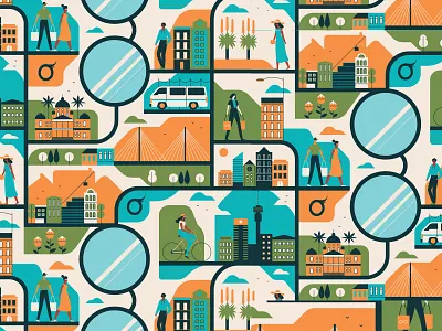 Eyesight character city digital editorial folioart illustration muti pattern vector