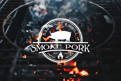 Vintage Retro Pork, Pig BBQ Grill, Barbecue Logo Design angus barbecue barbeque bbq beef black blackburn charcoal cooking cow fire flame food fork grill ham heat pig pork smoke