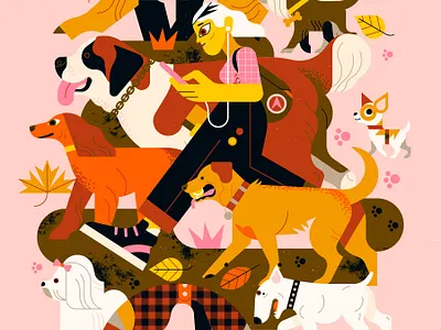 Dog Walker character digital dogs editorial folioart illustration owen davey