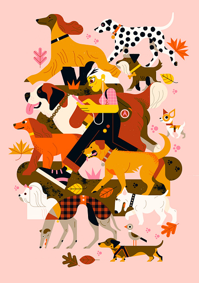 Dog Walker character digital dogs editorial folioart illustration owen davey