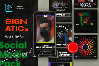 Signatic - Cyberpunk Instagram Pack 80s 90s cyberpunk design instagram instagram banner instagram pack instagram post instagram posts instagram stories instagram story template instagram template instagram templates neon posts social app social media social media design social media pack stories