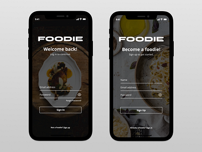 Foodie Sign In / Register designlab food foodie mobile mobile app mobile app design mobile design mobile ui register sign up sign up screen sign up ui signin signup social media ui ui design user interface user interface design