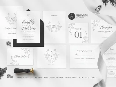 Elegant Floral Wedding Suite anniversary card card design cute diy elegant feminine floral invitation invitations invite invites leaf minimal modern party sketch template wedding card wedding invitation