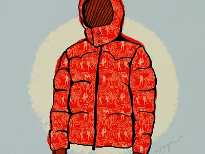 Nude Hiker Toile Puffer down coat fashion funny gorpcore nude hiker nudes outdoor fashion pattern puffy jacket red red coat
