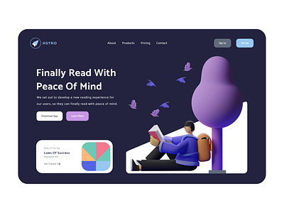 Read With Peace Of Mind 01 - Dark Mode 3d 3d art 3d illustration adobe blender clean colors design hands illustration landing page design madebyjibrily reading reading app reading list render ui uidesign ux webdesign