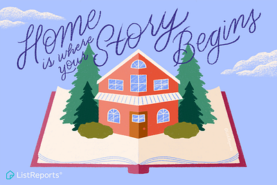 Home is where your story begins book childrens book cursive hand lettering home house illustration lettering neighborhood pop up pop up book real estate storybook trees type typography