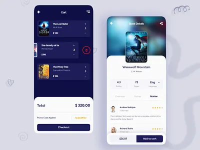 E-Book store application android app author book details cart checkout dark ui design ios minimal design mobile app design mobile ui online book store online shop online store product details reading app ui ui trend ux