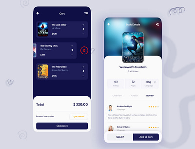 E-Book store application android app author book details cart checkout dark ui design ios minimal design mobile app design mobile ui online book store online shop online store product details reading app ui ui trend ux