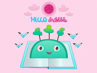 Hello Dribbble character clouds earth first shot flat hello dribbble illustration minimal note sun trees vector