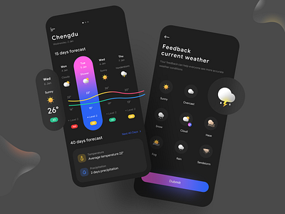 Weather App app branding chart dark mode flat gradient icon illustration ios logo mobile temperature typography ui ux weather web