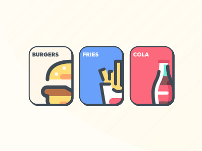Menu Cards / Buttons: The Three Amigos app badge burgers buttons cards cola drink emblem food fries icon illustration insignia menu sandwich soda vector