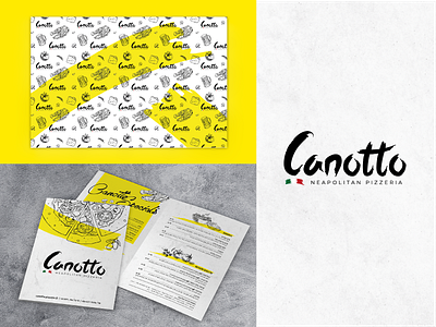 Canotto - pizzeria black and white brand design branding graphic graphic design graphicdesign illustration logo logodesign menu design pizza pizzeria placemat vector yellow