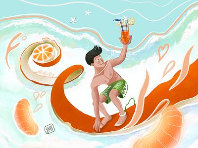 Orange Surf art challenge artwork character demet kural design digital painting digitalart drawing editorial design female illustrator fruit illustration illustrator man orange orange juice procreate procreate art sea surf