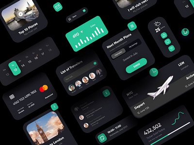 Travel UI Elements Dark Theme adobexd app branding dark dark theme design flat icon illustration inspiration ios ui ux