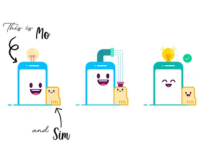 Connection of Mo & Sim communication flat illustration kawaii mobile