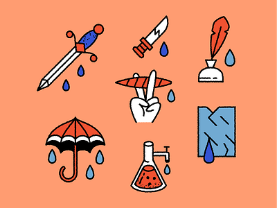 💦💧💦💧 cigar dagger doodle feather glass hand icon ink knife potion smoke sword tattoo tears umbrella water